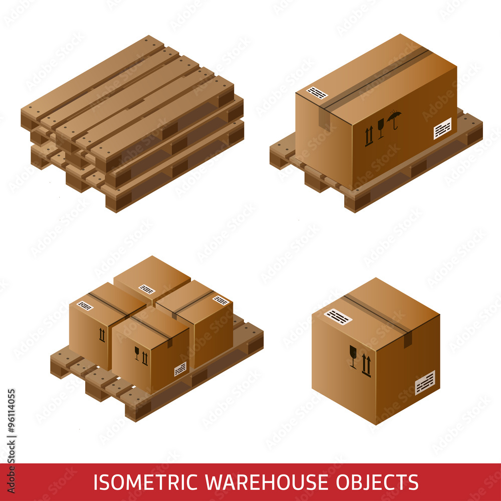 Fototapeta premium Set of isometric cardboard boxes and pallets isolated on white.