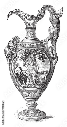 Ewer, Nevers earthenware, vintage engraving.