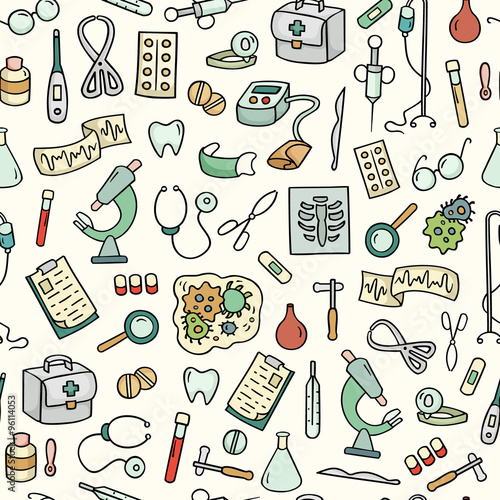 Cartoon bright seamless pattern with laboratory equipments. Can be used for wallpaper, web page background, surface textures. Hand-drawn medical vector with collection of hospital tools.