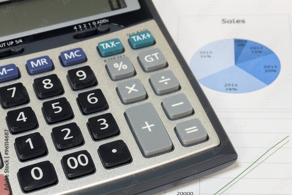 Selective focus calculator on sales chart document. Selective focus calculator on sales chart document.