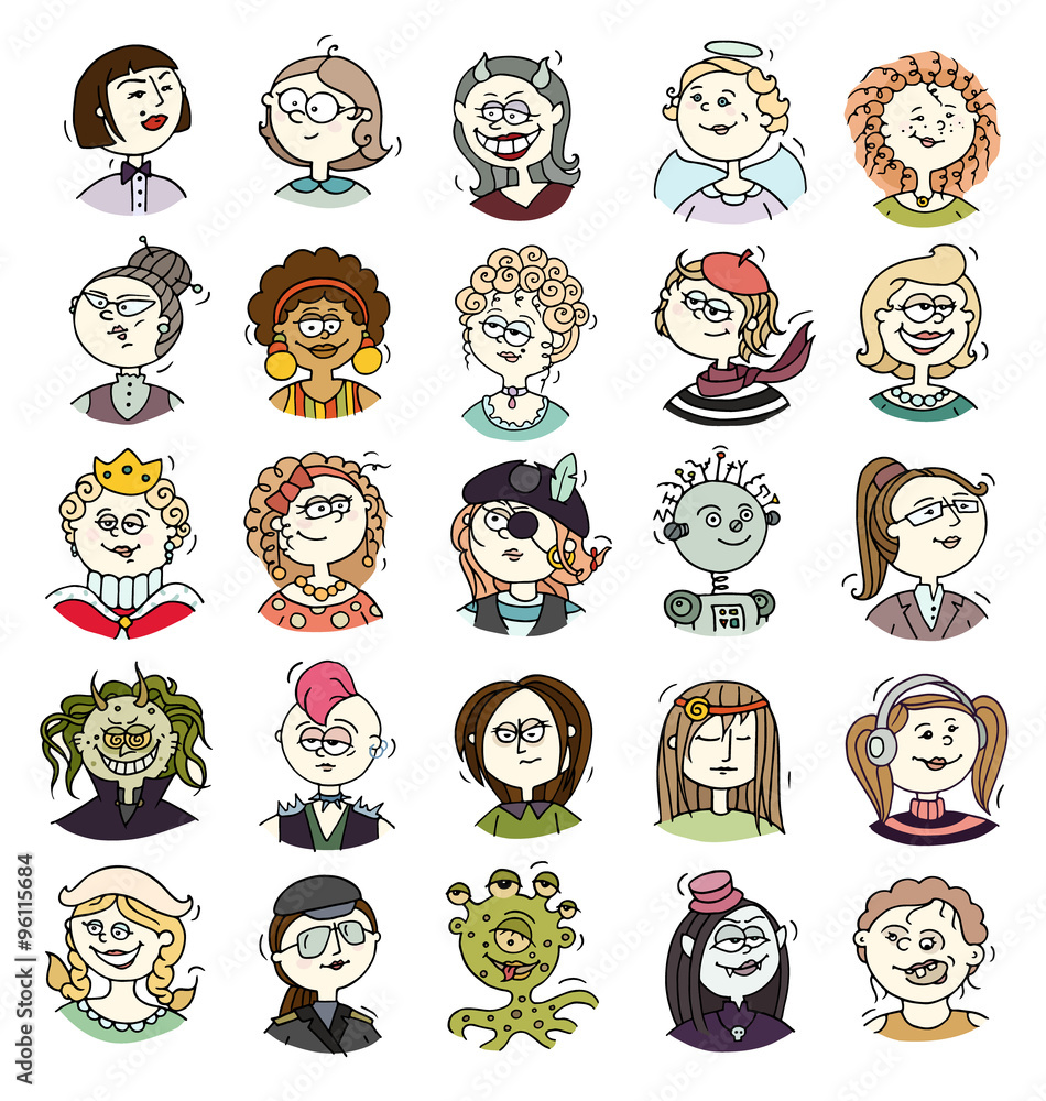 Cartoon funny user avatars in trendy hand drawn doodle style. Set of women character faces with different emotions, professions, hobby. Cute vector illustration isolated on white. Cartoon funny user avatars in trendy hand drawn doodle style. Set of women character faces with different emotions, professions, hobby. Cute vector illustration isolated on white.