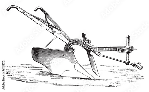 Plow Eckert, American genre, vintage engraving.