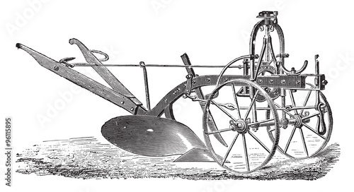 Wheeled plow with iron age, Didelot abbe, vintage engraving.