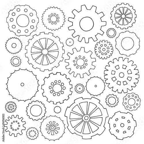 Set of cartoon doodle gears. Mechanical elements for business design. Decorative vector illustration isolated on white background. All cogs organized in groups for easy editing.