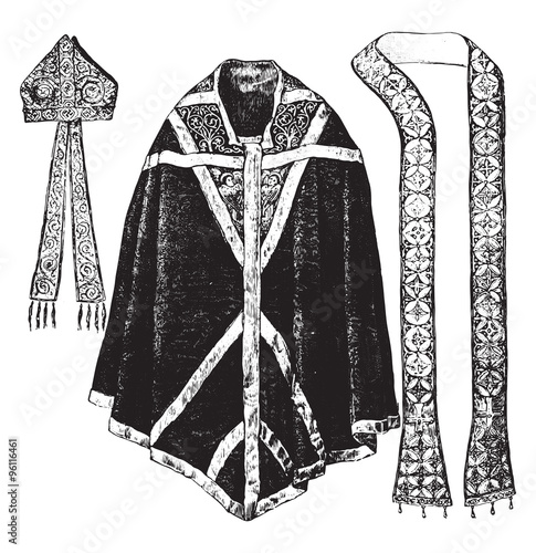Chasuble, stole and miter of Thomas Becket, vintage engraving.