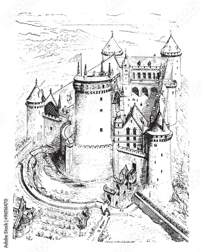Isometric view of Coucy castle, vintage engraving.