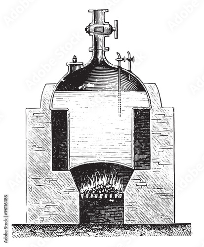 Boiler Newcomen, vintage engraving.