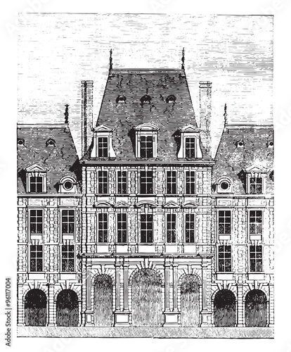 View of one of the pavilions of the Place Royale, vintage engrav
