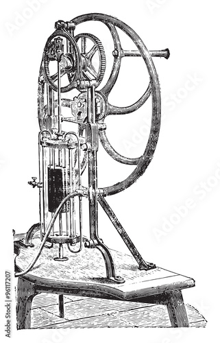 Mr. Deleuil pneumatic machine, vintage engraving.