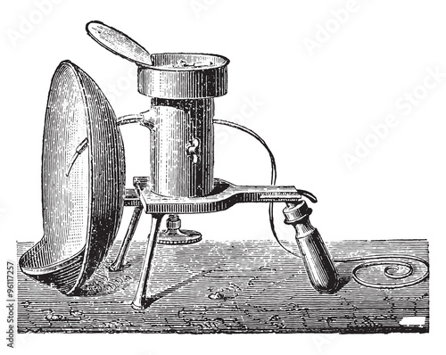 Reflector lamp for burning magnesium, vintage engraving.