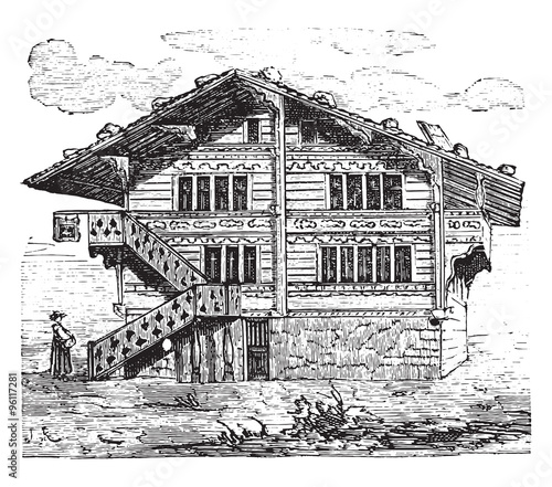 House, Swiss Chalet, vintage engraving.