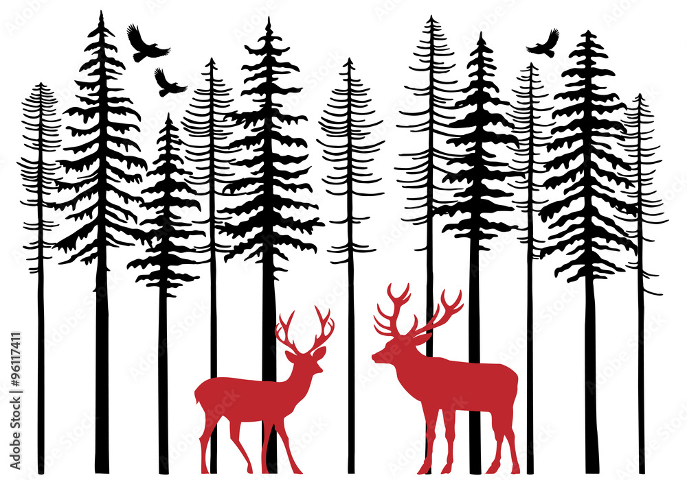 Fir tree forest with reindeer, vector