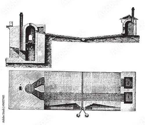 Four Almaden for the extraction of mercury, vintage engraving. photo