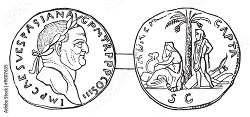 Currency Vespasian, vintage engraving.