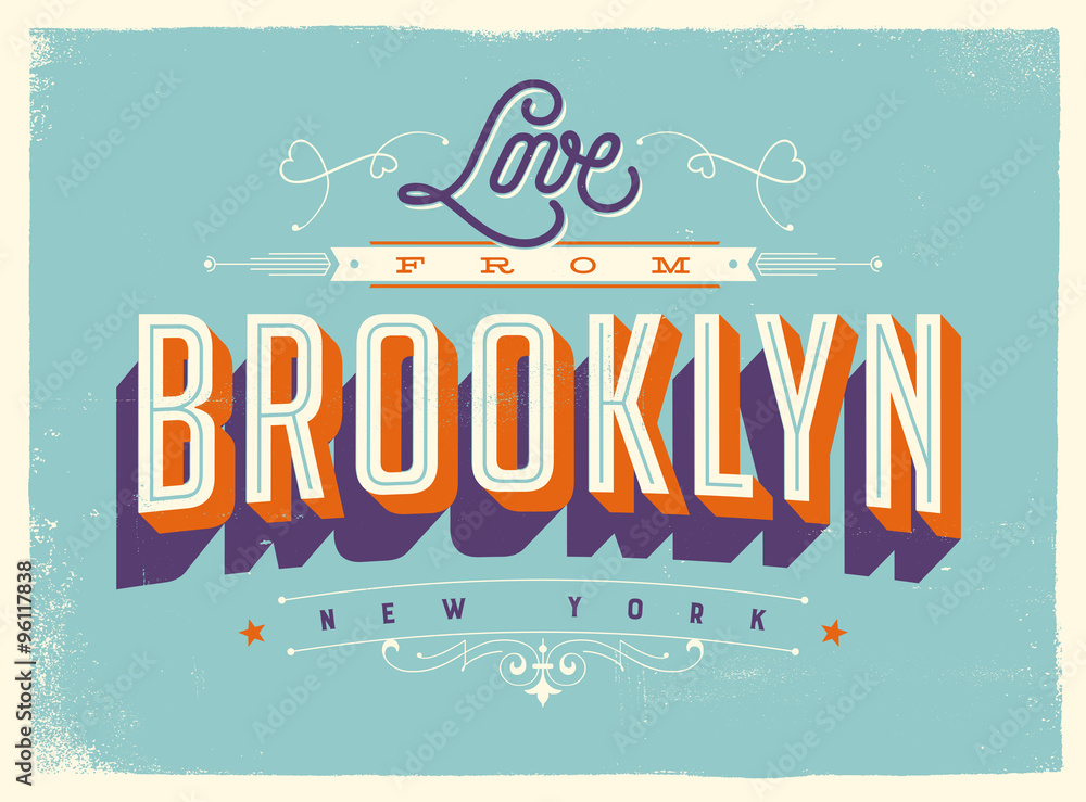 Vintage style Touristic Greeting Card with texture effects - Love from Brooklyn, New York - Vector EPS10. - obrazy, fototapety, plakaty 