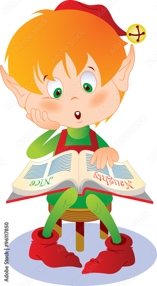 Naklejka premium Little Christmas elf reads Santa Claus' naughty and nice list