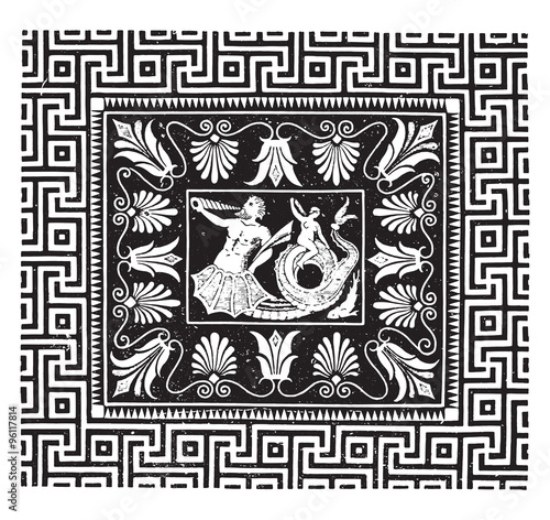 Ancient mosaic, Temple of Jupiter at Olympia, vintage engraving.