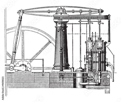 View from the beam engine, compound type, vintage engraving.