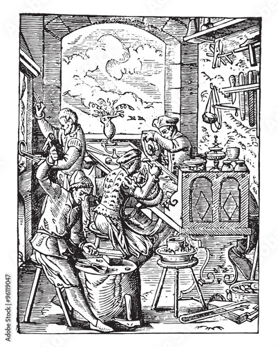 Goldsmith workshop in the sixteenth century, vintage engraving.