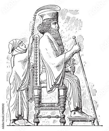 King on his throne, vintage engraving.