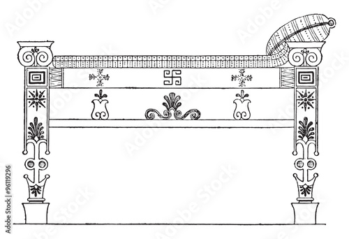 Greek bed, vintage engraving.