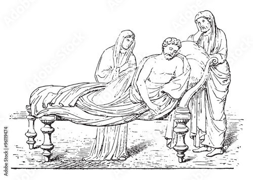 Roman bed, vintage engraving.