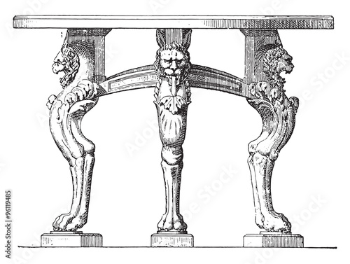 Feet shaped table lion paws, vintage engraving.