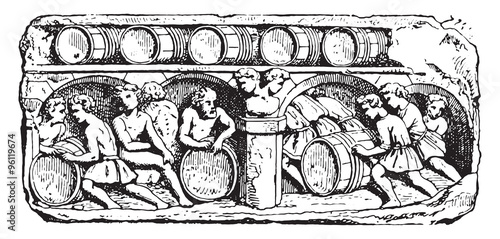The cellar service, vintage engraving.