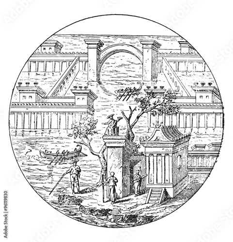Roman Villa, vintage engraving.