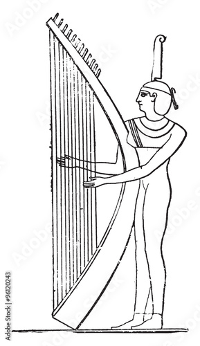 Egyptian harpist, vintage engraving.