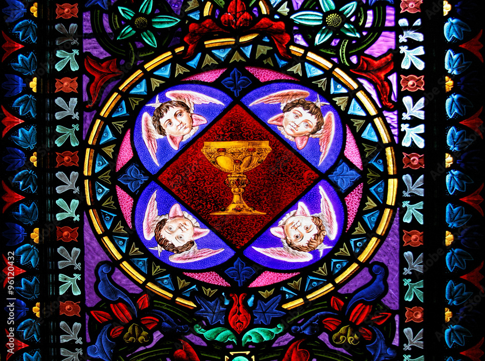 Holy Grail: beautiful stained glass window from Santa Maria de Montserrat Abbey (Catalonia, Spain). 