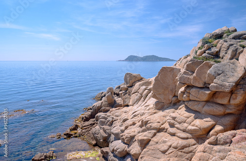Boulders and rocks on the shore of the Mediterranean in France.