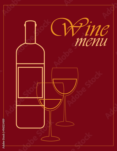 Wine bottle and glasses. Linear design vector.