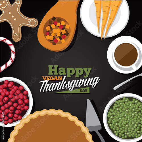 Vegan Thanksgiving meal greeting card design. EPS 10 vector royalty free illustration.