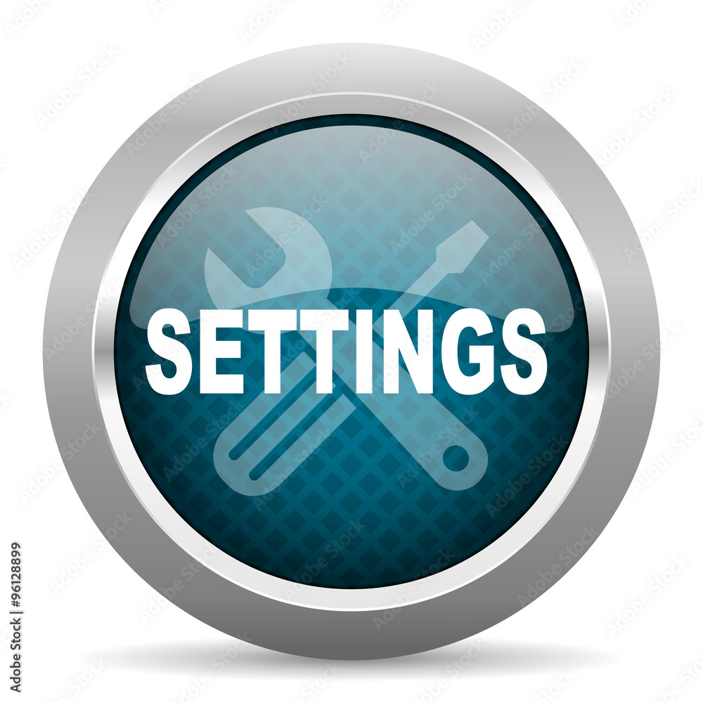 settings blue silver chrome border icon on white background