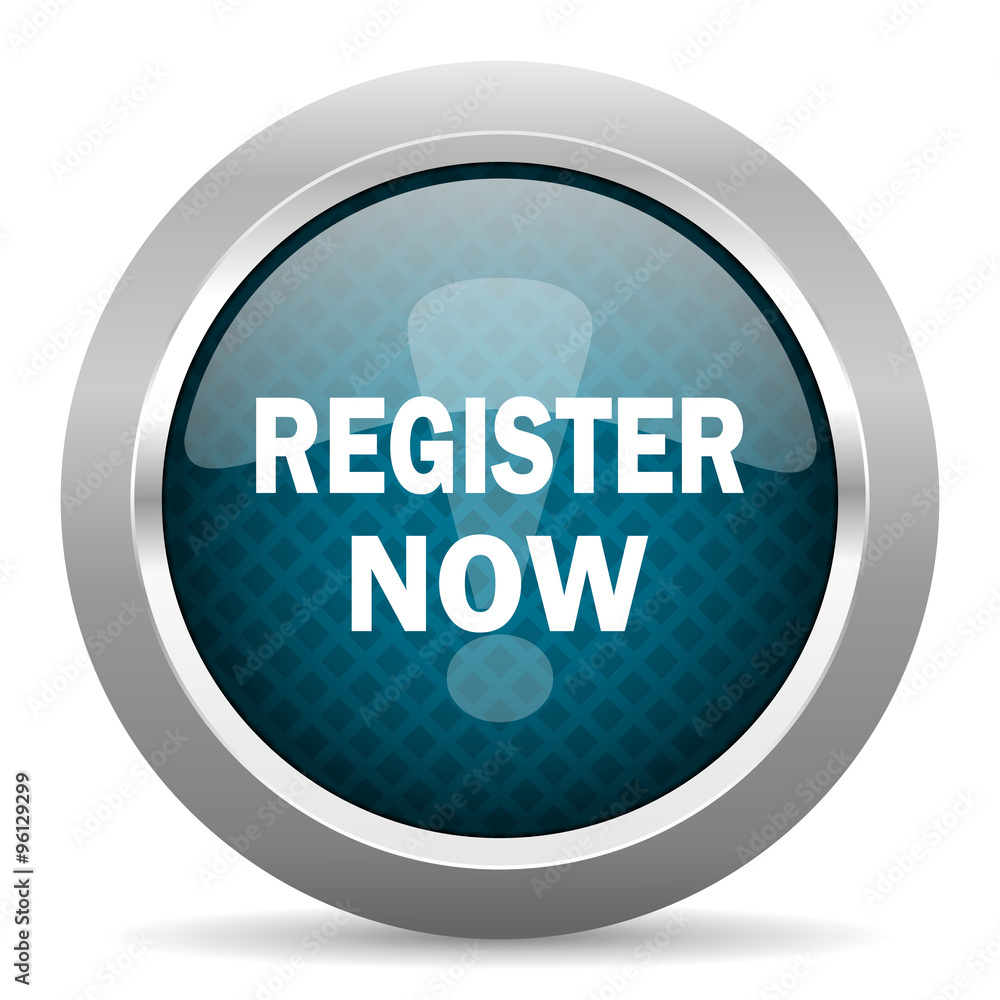 register now blue silver chrome border icon on white background register now blue silver chrome border icon on white background