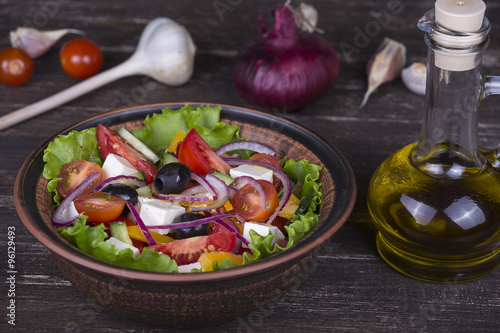 Fresh vegetable greek salad on the table