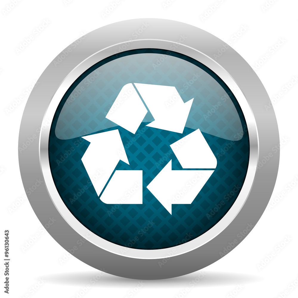 recycle blue silver chrome border icon on white background recycle blue silver chrome border icon on white background