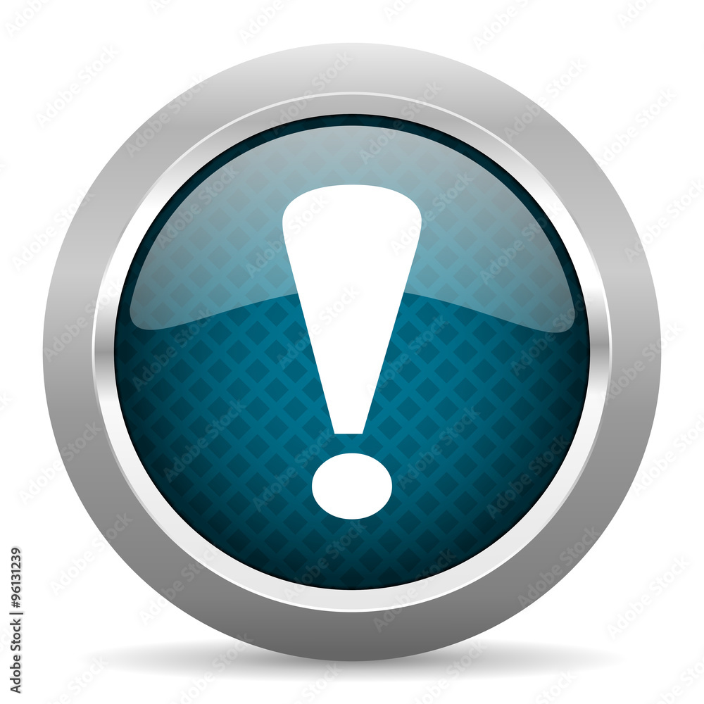exclamation sign blue silver chrome border icon on white background exclamation sign blue silver chrome border icon on white background