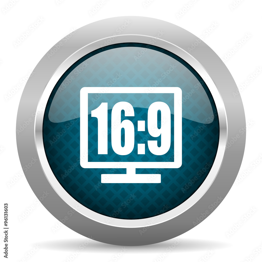16 9 display blue silver chrome border icon on white background 16 9 display blue silver chrome border icon on white background