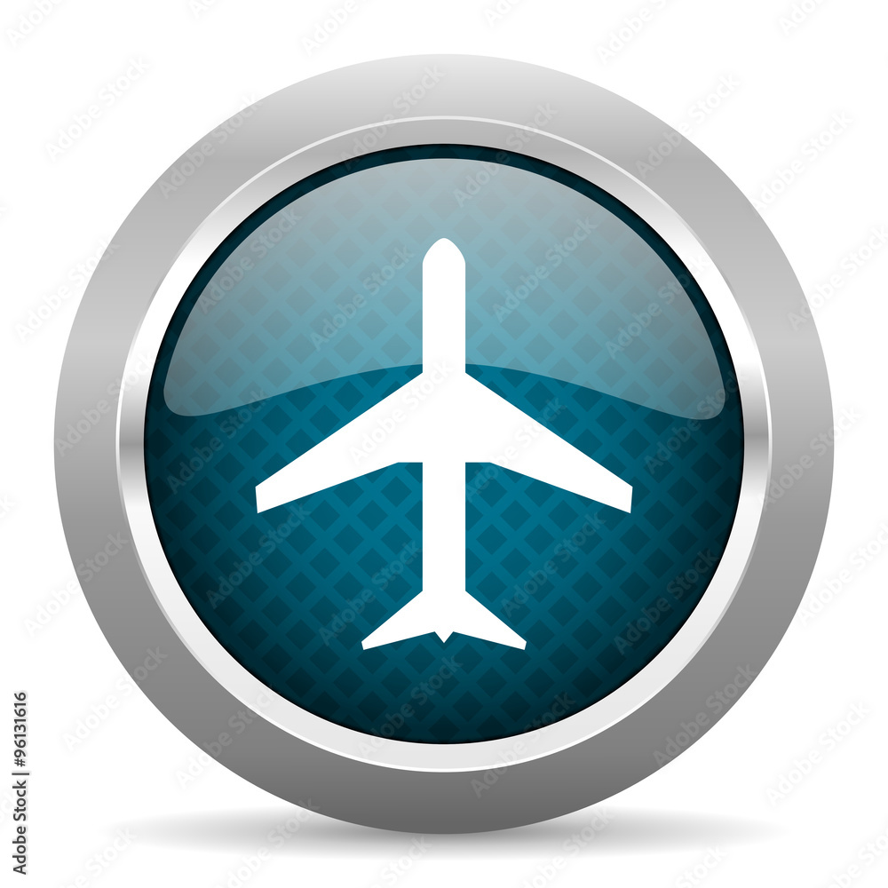 plane blue silver chrome border icon on white background