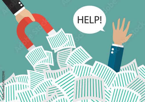 Businessman hold magnet help businessman under a lot of document