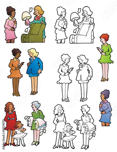 A variety of women in different social settings. Full color and black outline versions.