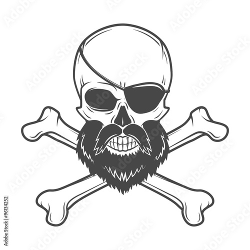 Pirate skull with beard, eye patch and crossed bones vector. Edward Teach portrait. Corsair logo template. Filibuster t-shirt insignia design