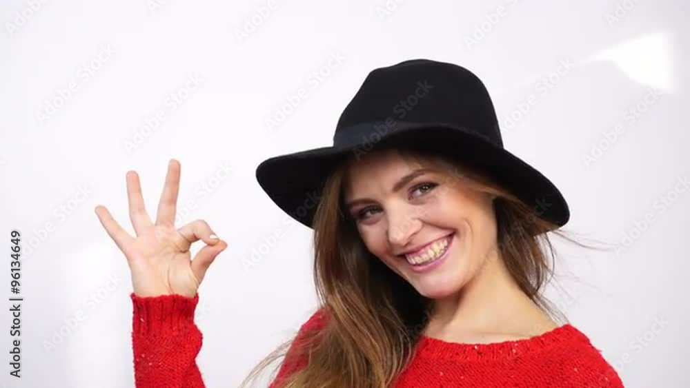 Woman girl in hat showing ok gesture. 4K Woman girl in hat showing ok gesture. 4K