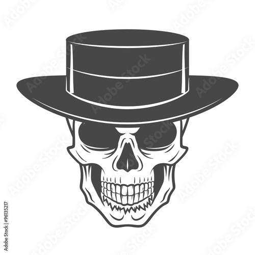 Wild west skull with hat. Smiling rover logo template. Wanted die or alive portrait. High way man t-shirt design