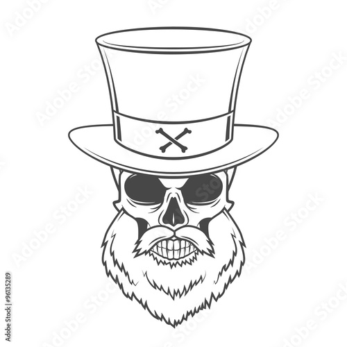 Steampunk Head hunter skull with beard and high hat vector. Old man rover logo template. Bearded skeleton t-shirt design