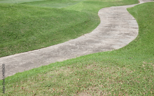 Path curving through green grass in golf course photo