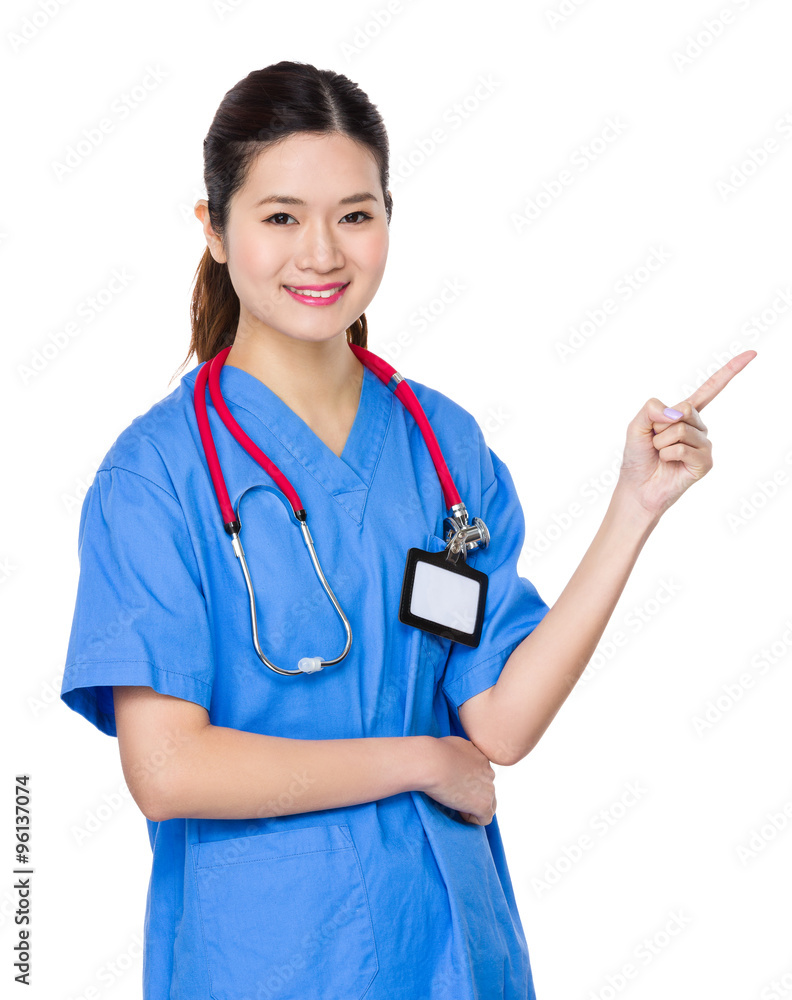 Asian Young Doctor showing finger point up Asian Young Doctor showing finger point up