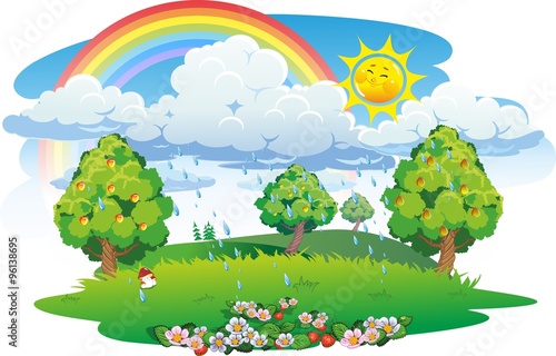 Orchard. Fruit garden. Summer landscape with rainbow.